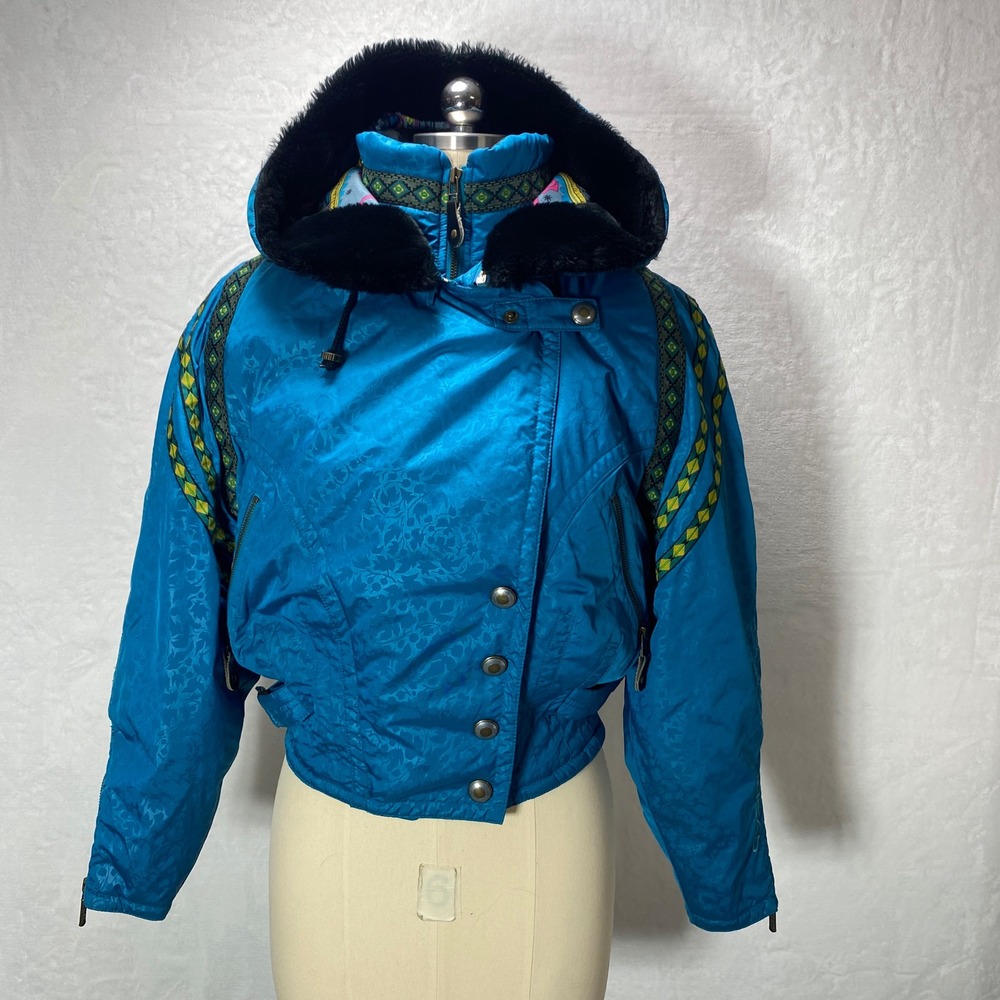 VTG HEAD Skiwear Womens 6 Jacket‎ Teal Blue Geometric Print Hooded Zip Front 90s